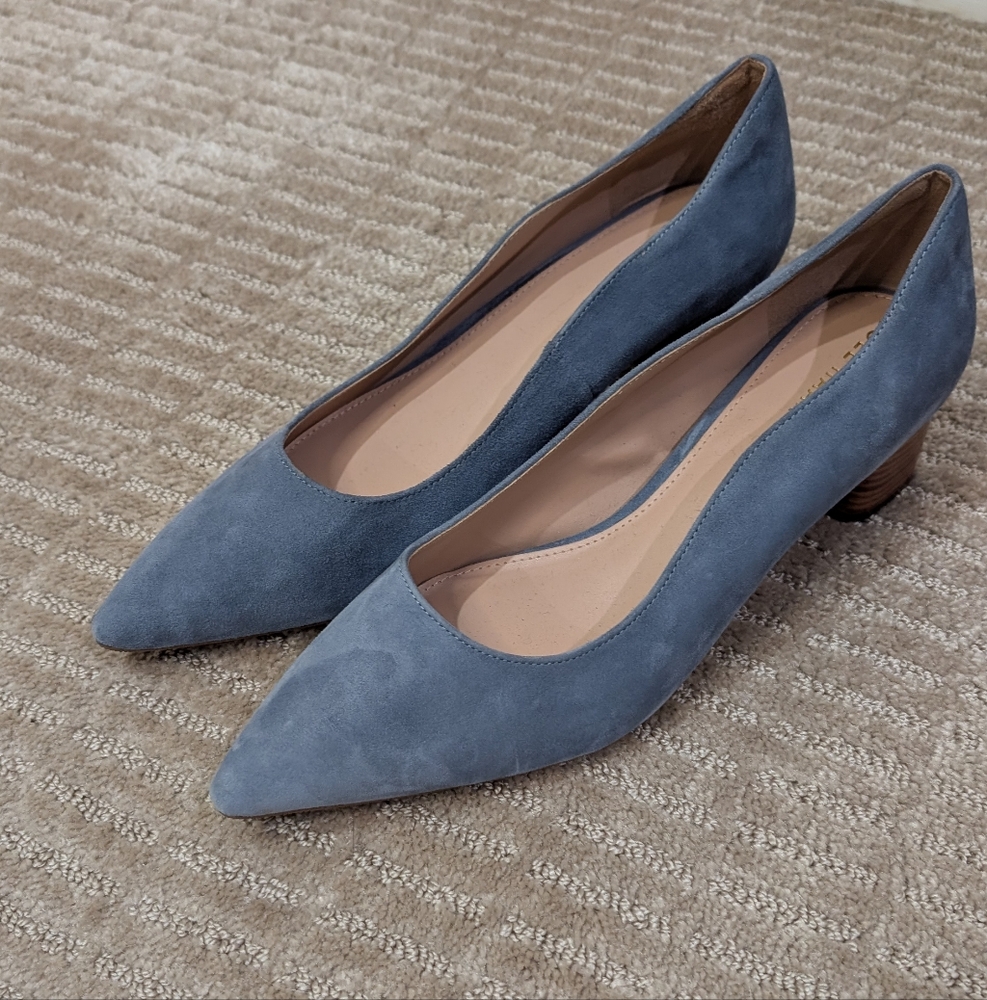 Blue Suede Pointed Toe Block Heel Pumps - Picture 2 of 10